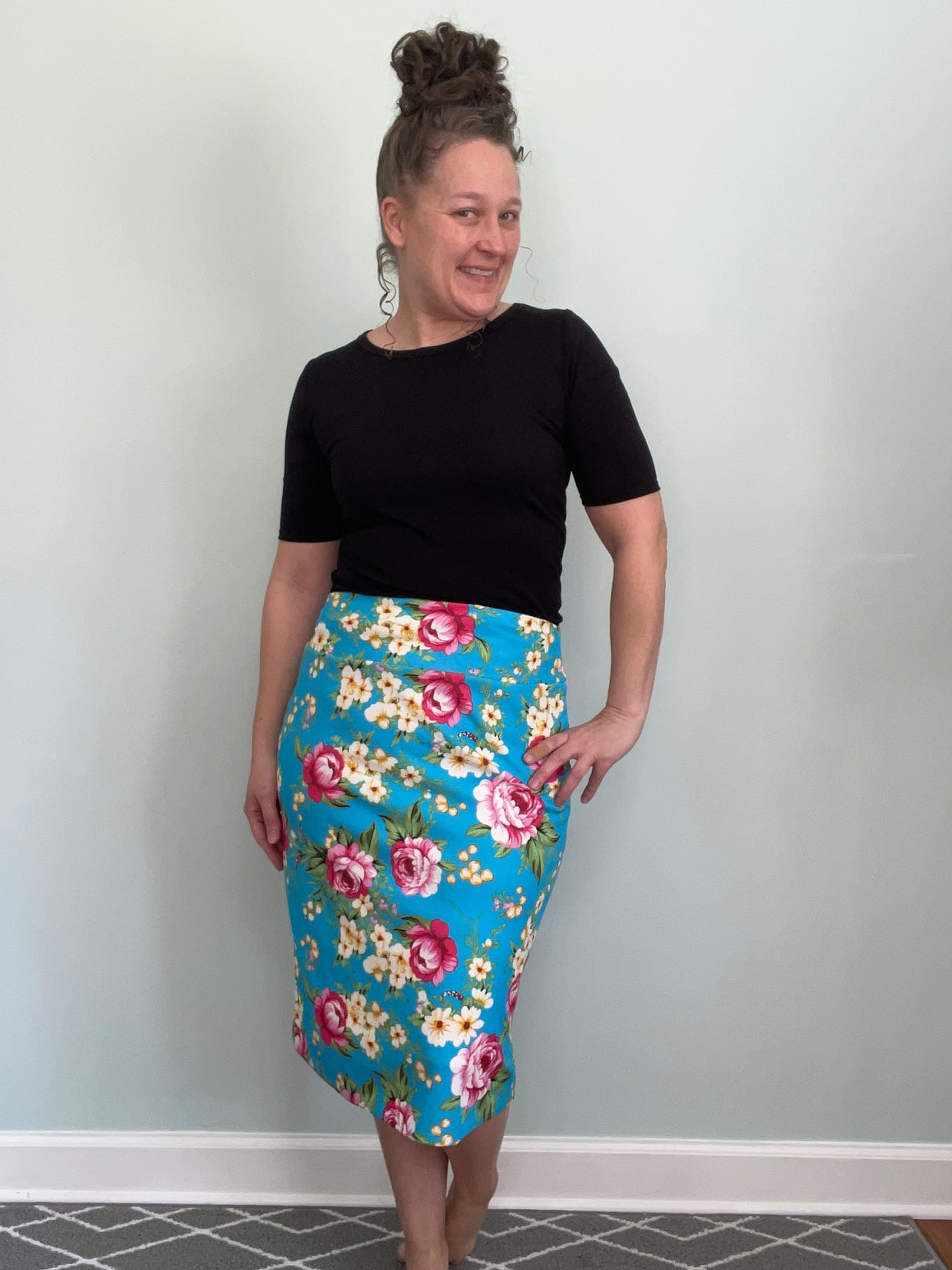 Classic Yoga Band Pencil Skirt - Turquoise Floral