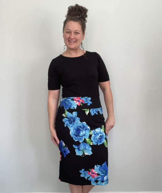 Classic Yoga Band Pencil Skirt - Blue Floral