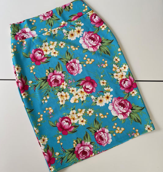 Classic Yoga Band Pencil Skirt  - Turquoise Floral
