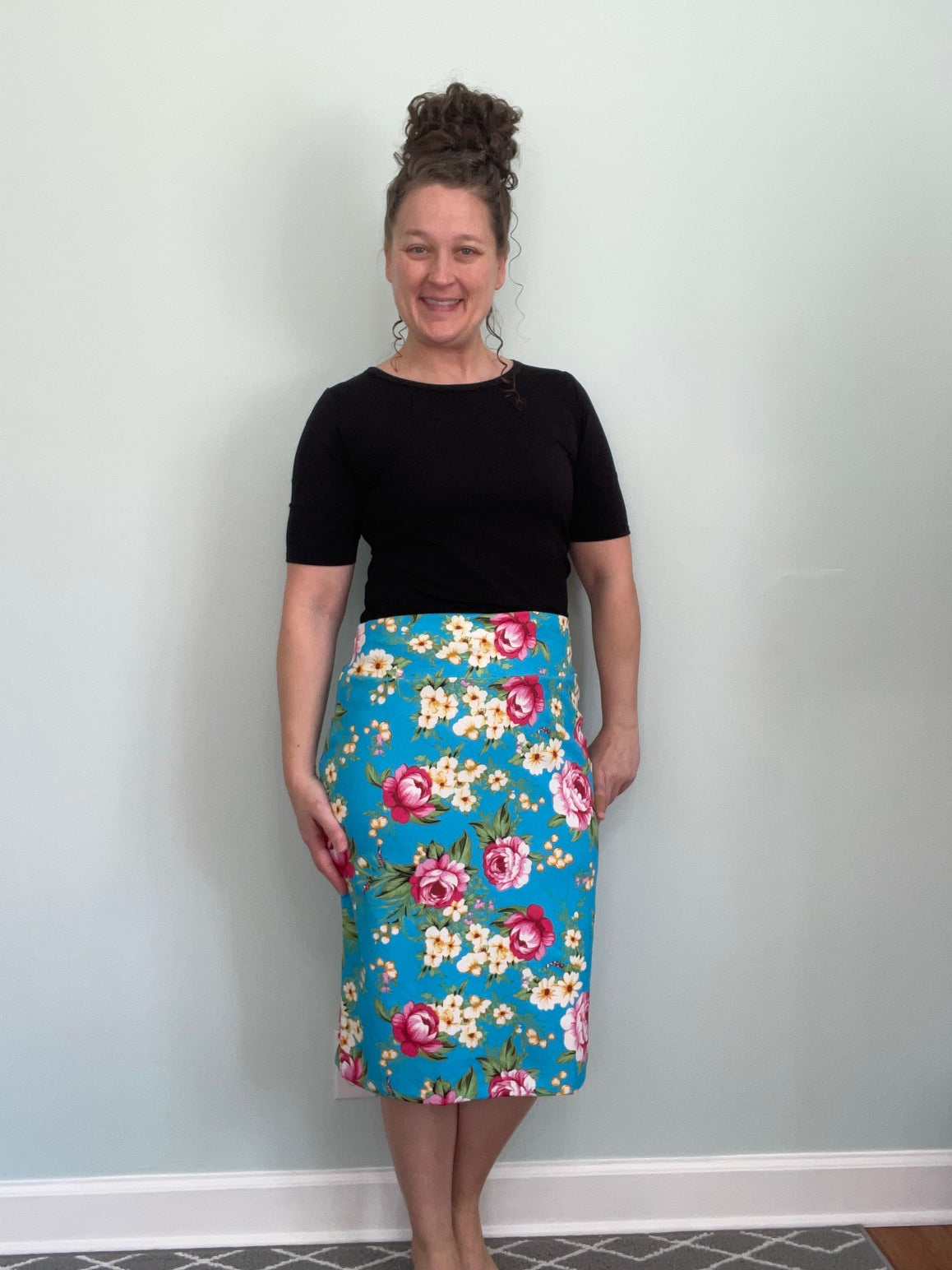 Classic Yoga Band Pencil Skirt  - Turquoise Floral